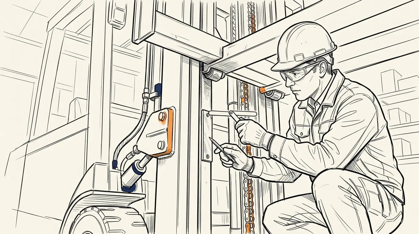 Technician inspecting a forklift mast during an acceptance check