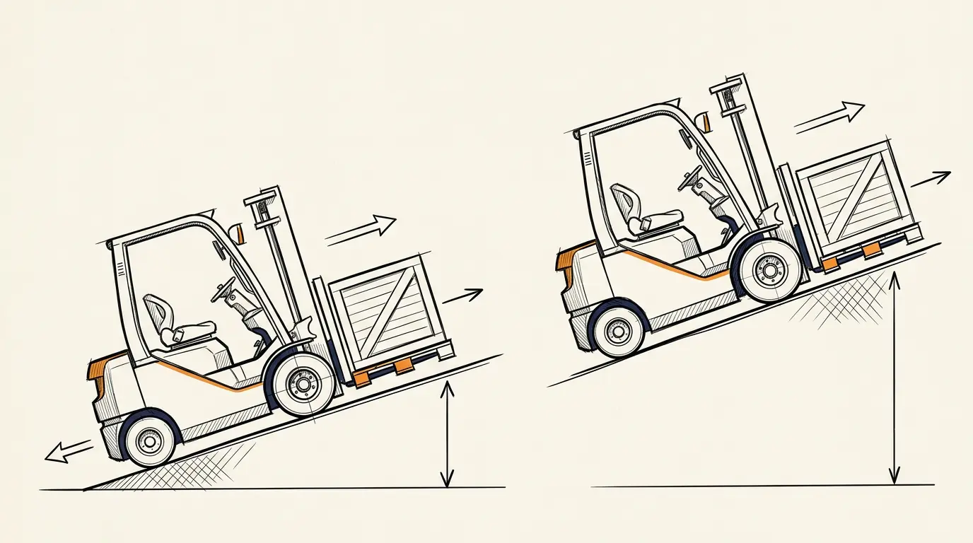 Forklift specification comparison on level ground and a laden ramp