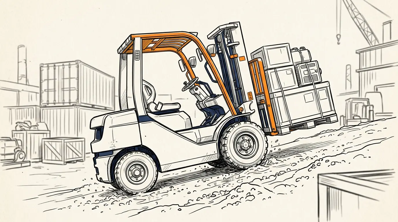 Diesel forklift carrying a load across a rough outdoor industrial yard
