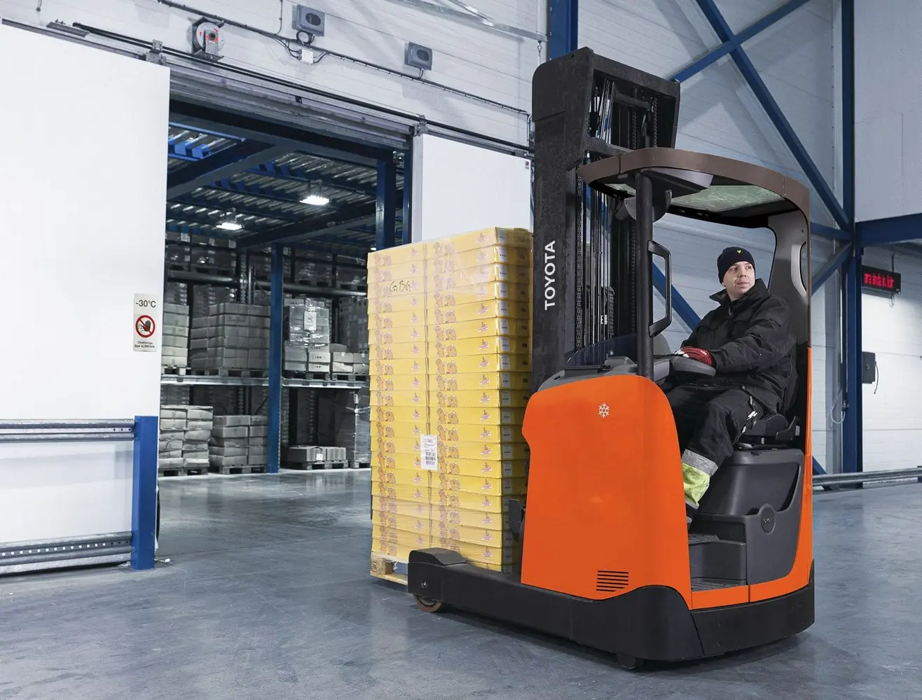 The Qingdao cold chain facility: 12,000 m² of deep-freeze storage at -35°C, with forklifts crossing a 75°C temperature gradient every trip.