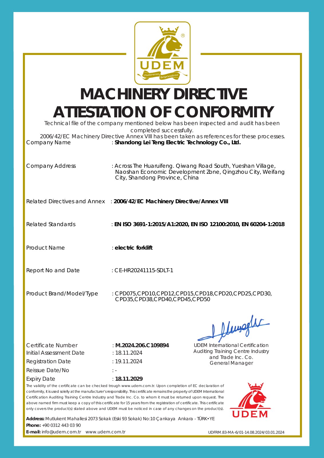 Yuli electric forklift Machinery Directive certificate covering the CPD series