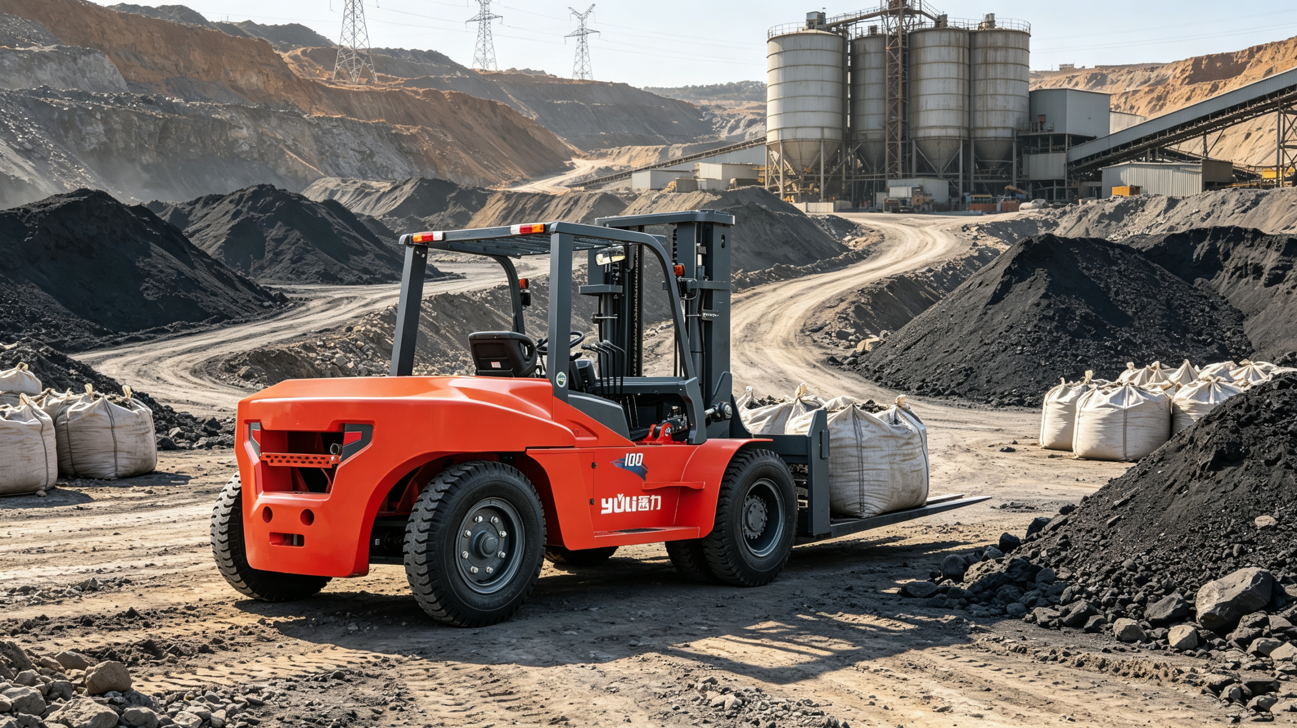Extreme environment forklift operating in harsh conditions with dust and extreme temperatures